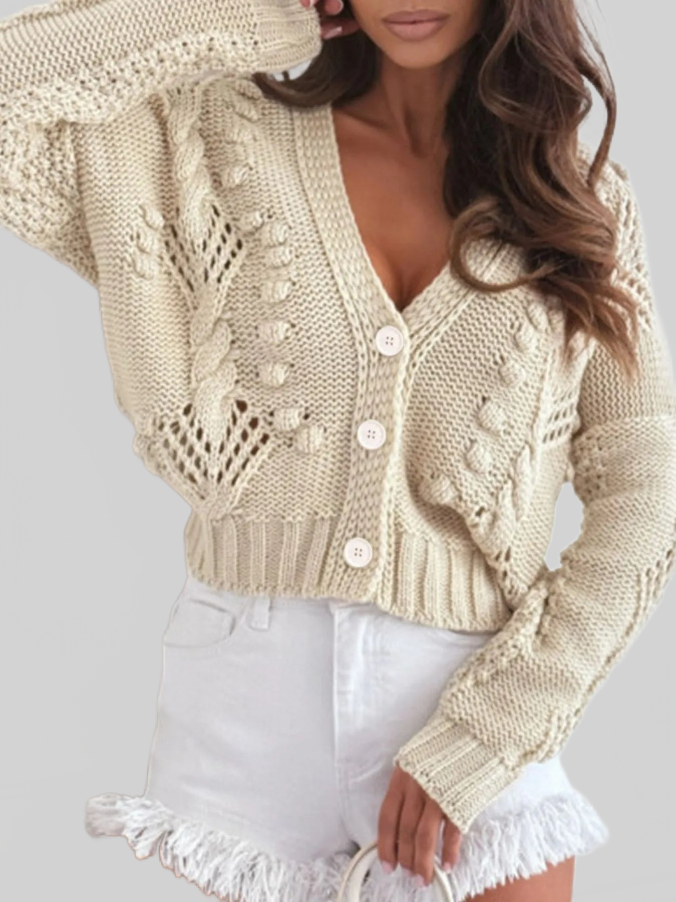 Chunky Cropped Button-Up Sweater Cardigan