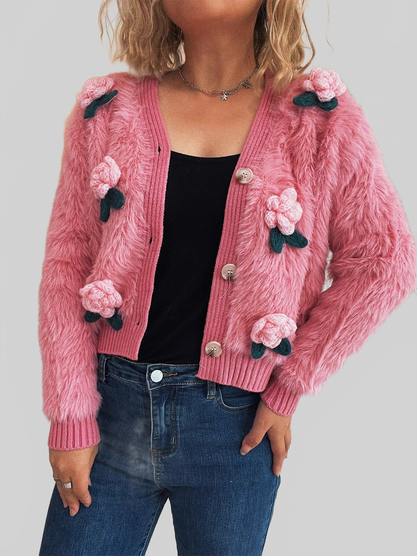 Women Flower Fuzzy Button-Up Cardigan