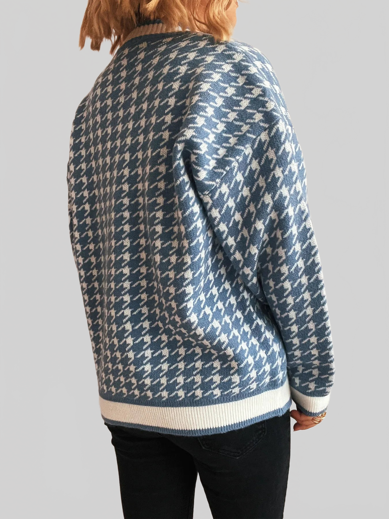 Women Houndstooth Pattern V-Neck Button-Up Cardigan Sweater