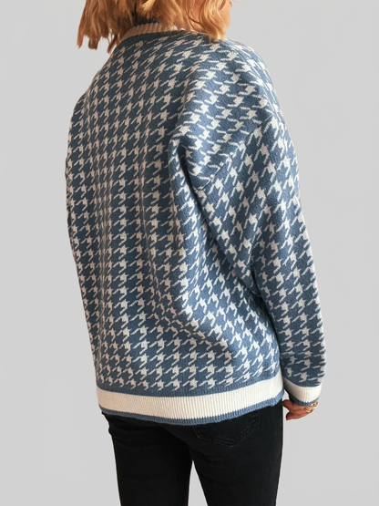 Women Houndstooth Pattern V-Neck Button-Up Cardigan Sweater