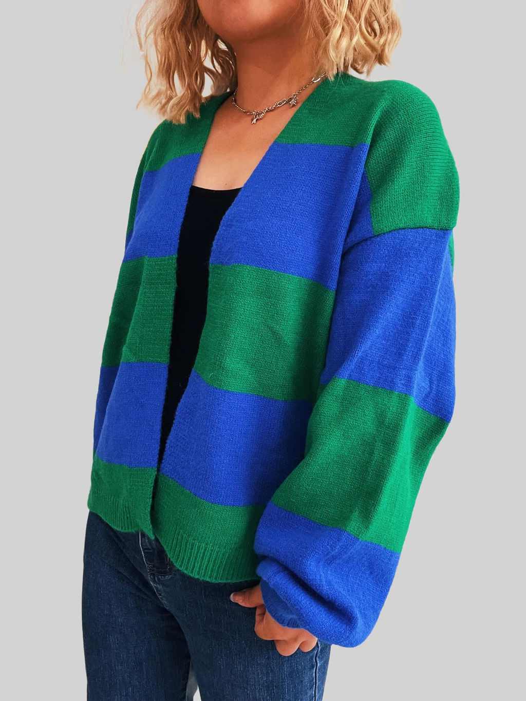 Women Color Block Open Front Cardigan