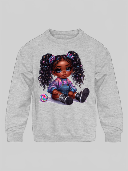 African American Toddler Girls Curly Hair Long Sleeve Crewneck Sweatshirt