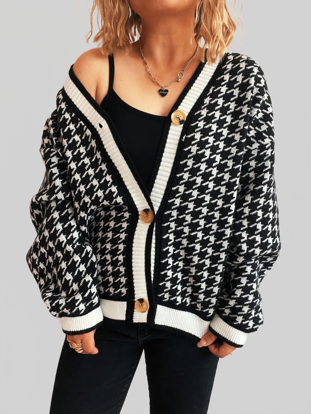 Women Houndstooth Pattern V-Neck Button-Up Cardigan Sweater