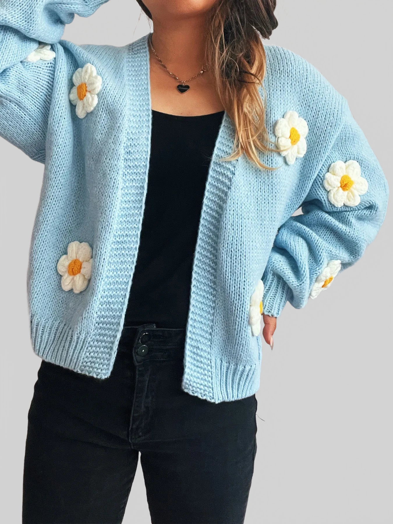Flower Open Front Long Sleeve Cardigan