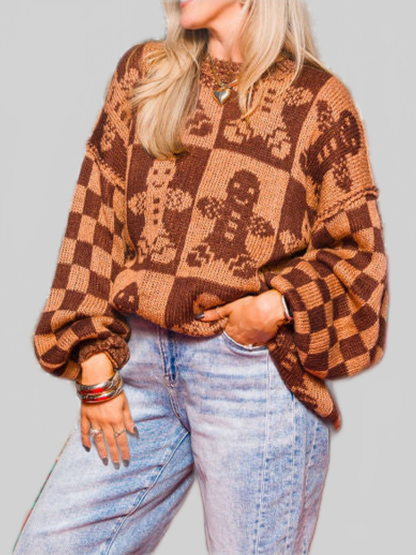 Women Christmas Gingerbread Man Round Neck Drop Shoulder Sweater
