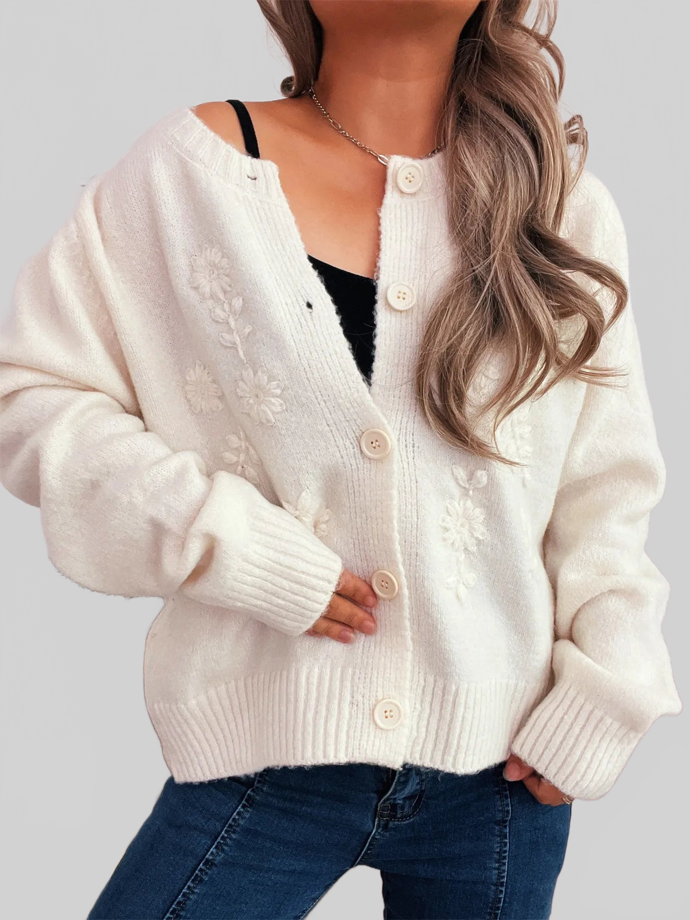 Flower Button Up Ribbed Hem Cardigan