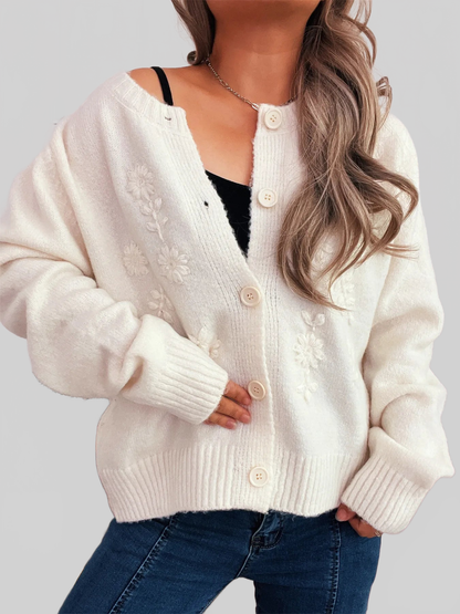 Flower Button Up Ribbed Hem Cardigan