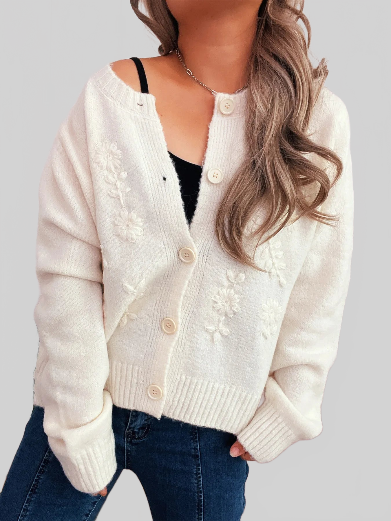 Flower Button Up Ribbed Hem Cardigan