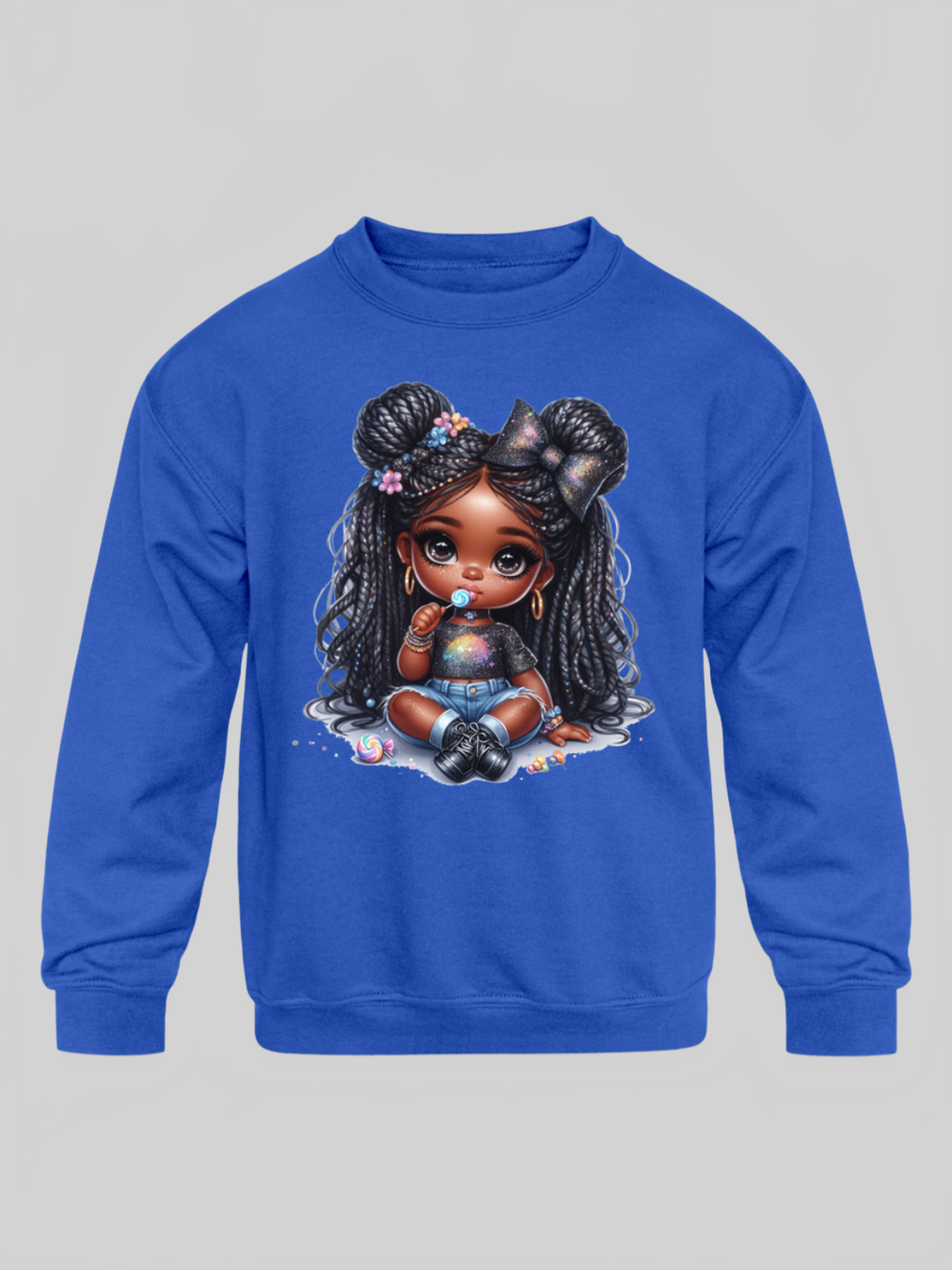 African American Toddler Girls Lollipop and Earrings Long Sleeve Crewneck Sweatshirt