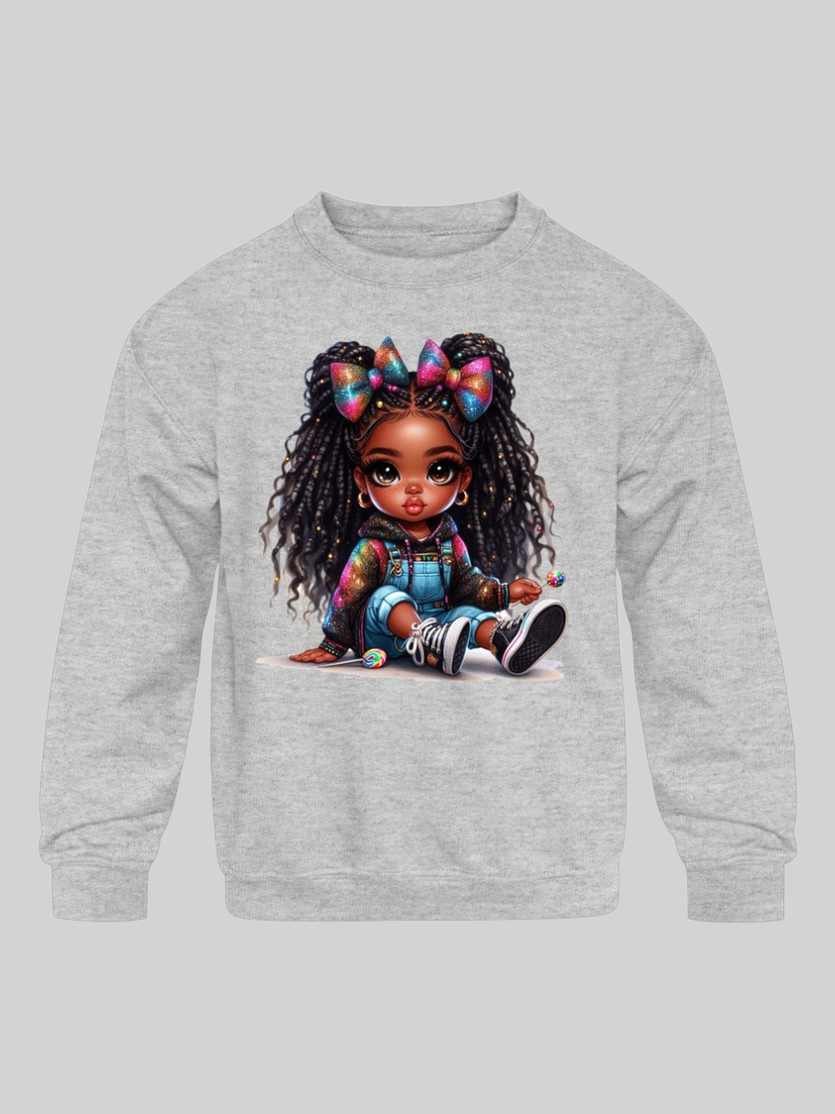 African American Toddler Girls Braids and Bows Long Sleeve Crewneck Sweatshirt