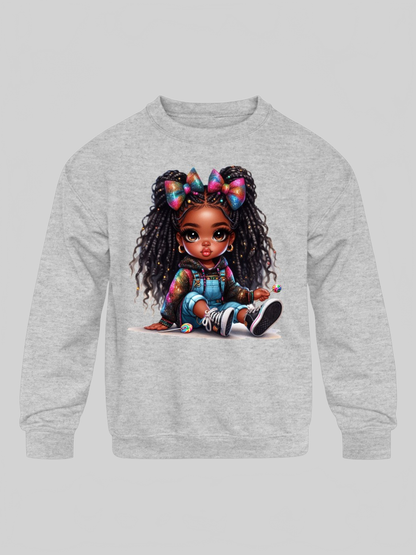 African American Toddler Girls Braids and Bows Long Sleeve Crewneck Sweatshirt