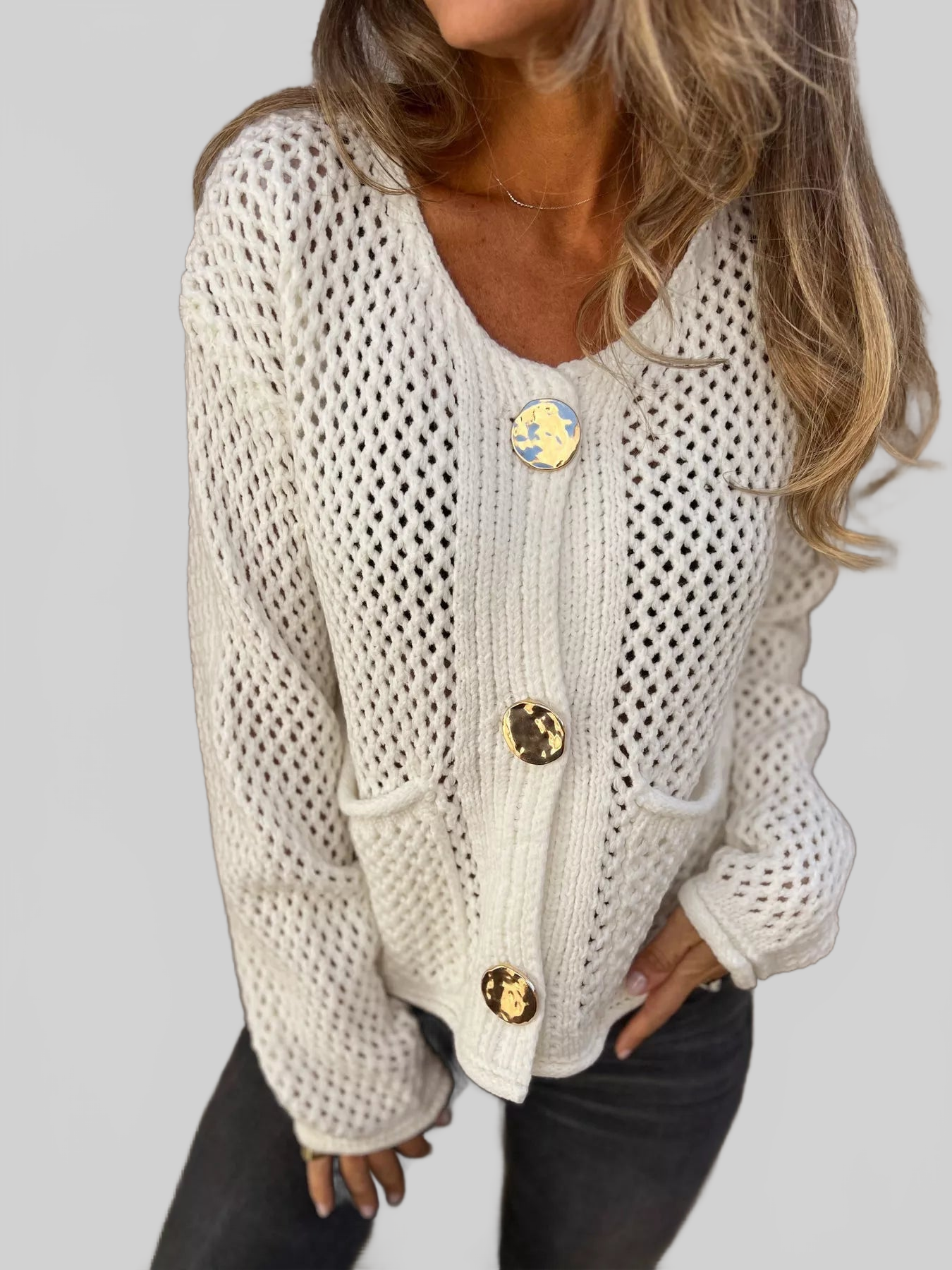 Crochet Button Up Long Sleeve Cardigan