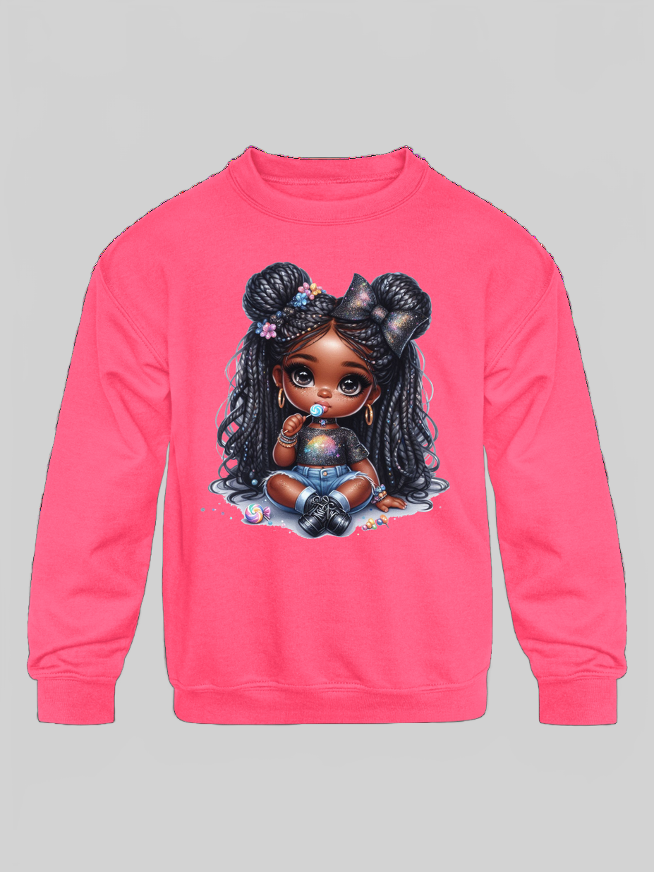 African American Toddler Girls Lollipop and Earrings Long Sleeve Crewneck Sweatshirt