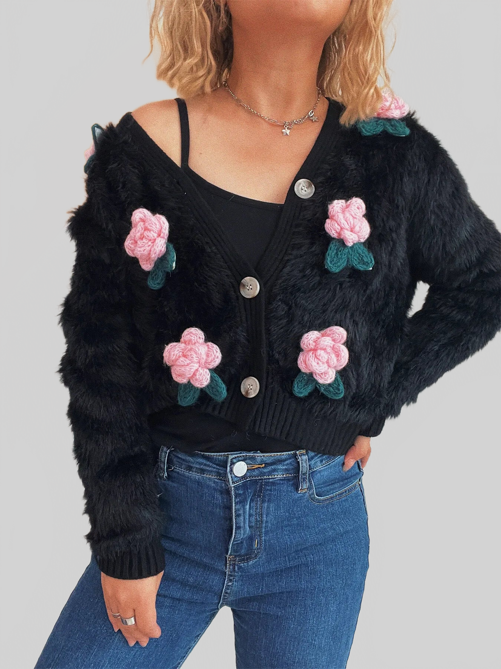 Women Flower Fuzzy Button-Up Cardigan