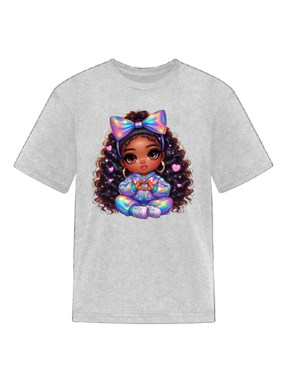African American Girls Pretty Bow and Hearts Short Sleeve Crewneck T-Shirt