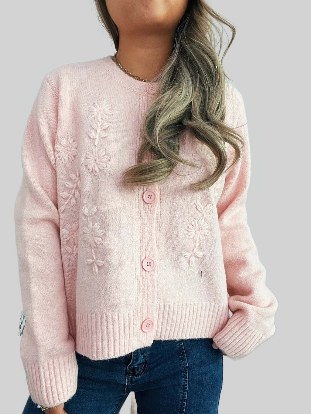 Flower Button Up Ribbed Hem Cardigan