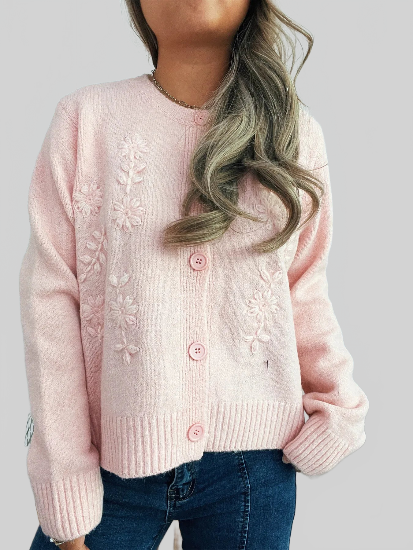 Flower Button Up Ribbed Hem Cardigan