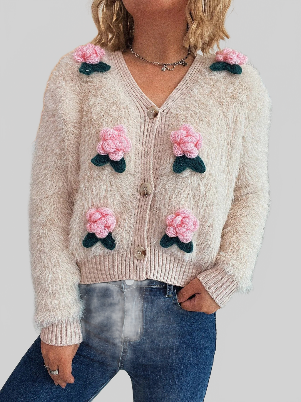 Women Flower Fuzzy Button-Up Cardigan