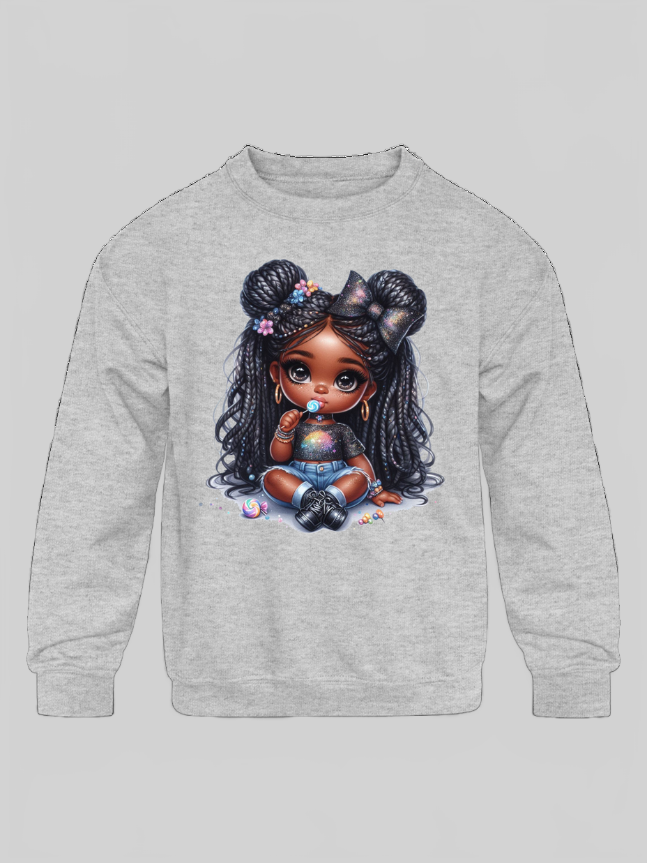 African American Toddler Girls Lollipop and Earrings Long Sleeve Crewneck Sweatshirt