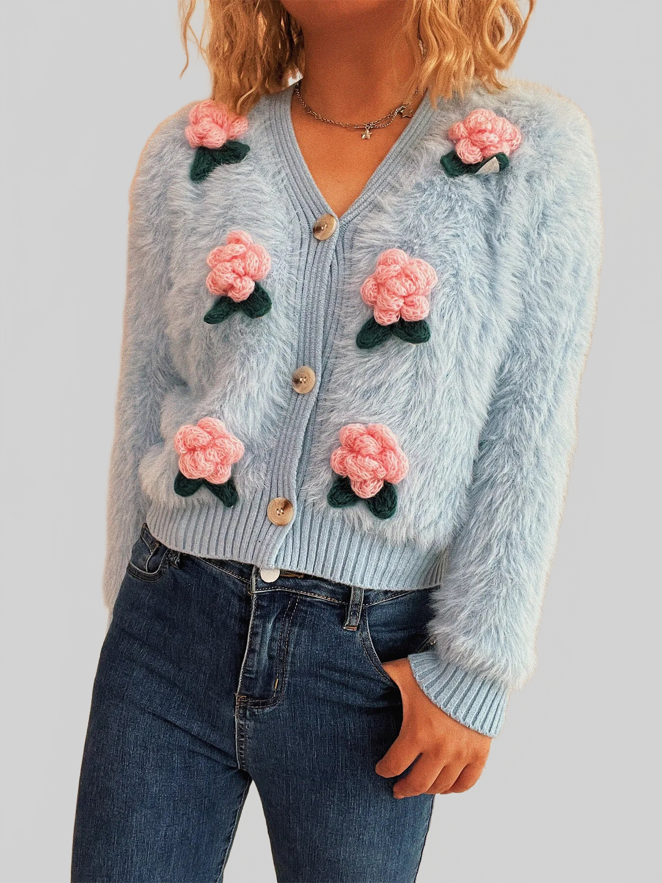 Women Flower Fuzzy Button-Up Cardigan