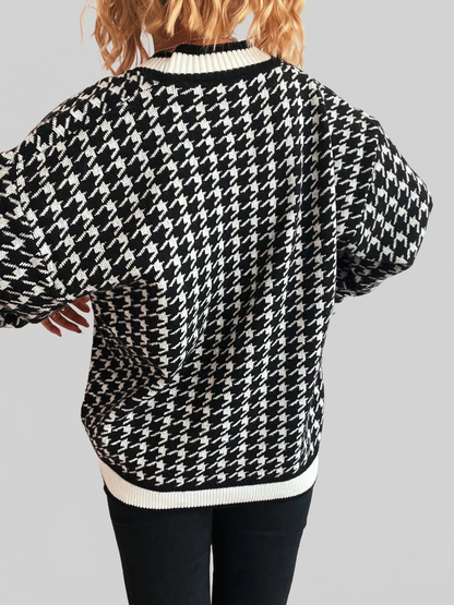 Women Houndstooth Pattern V-Neck Button-Up Cardigan Sweater