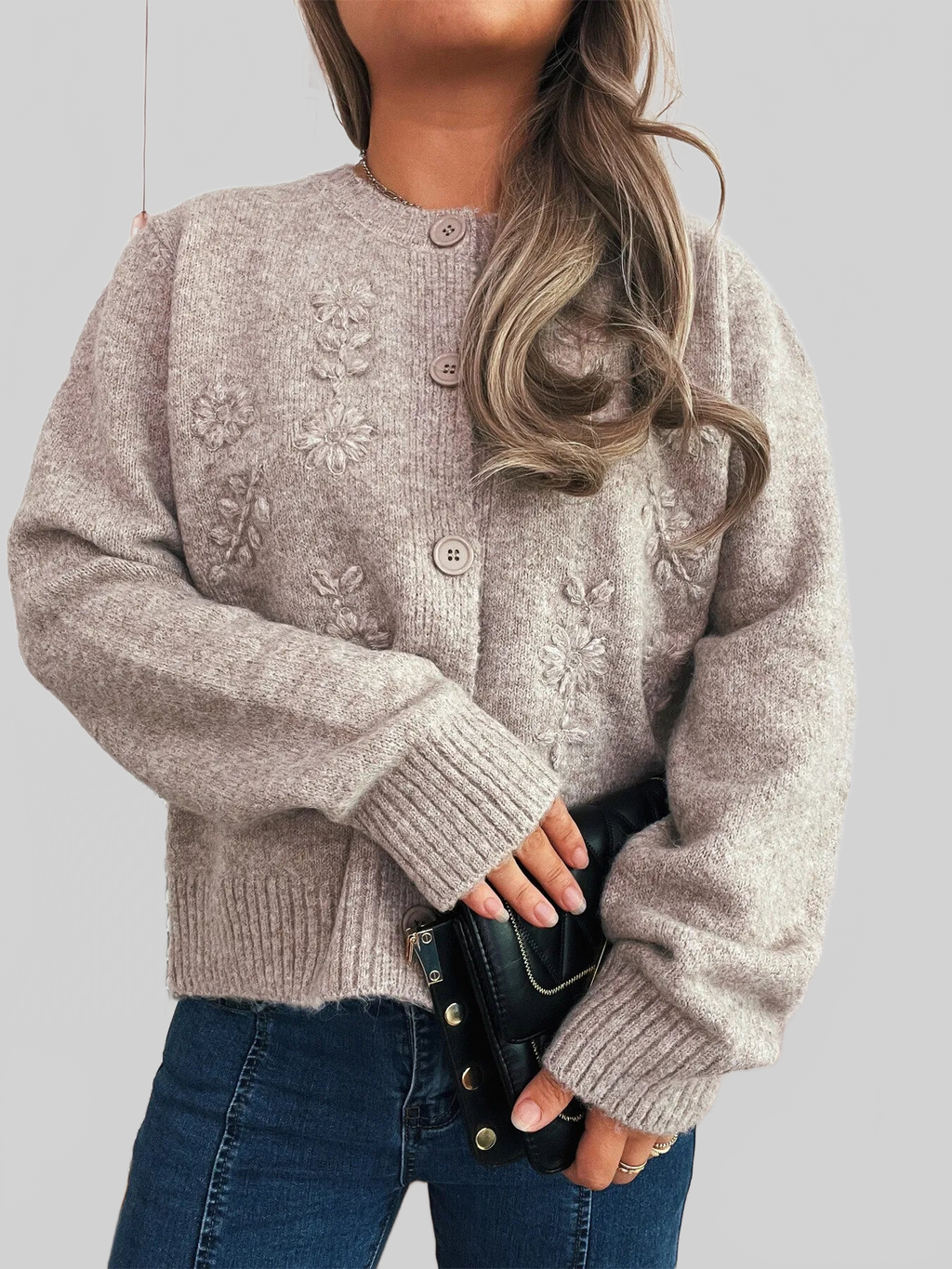 Flower Button Up Ribbed Hem Cardigan