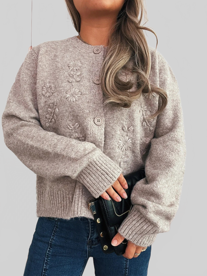 Flower Button Up Ribbed Hem Cardigan