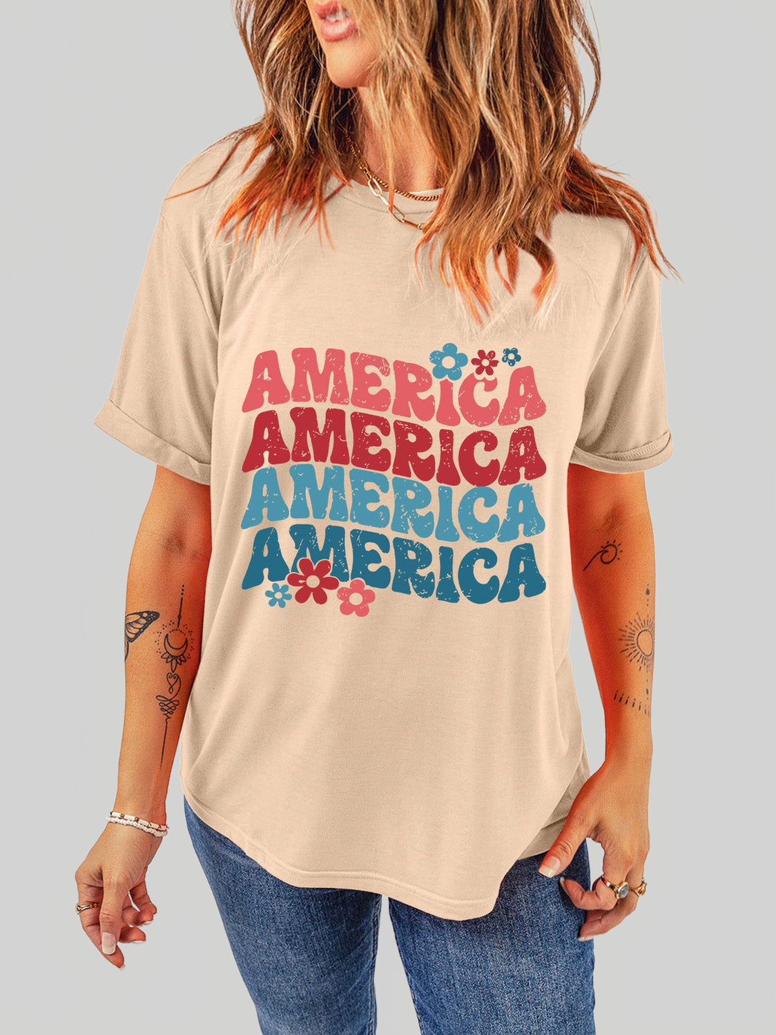 Women America Round Neck Short Sleeve T-Shirt