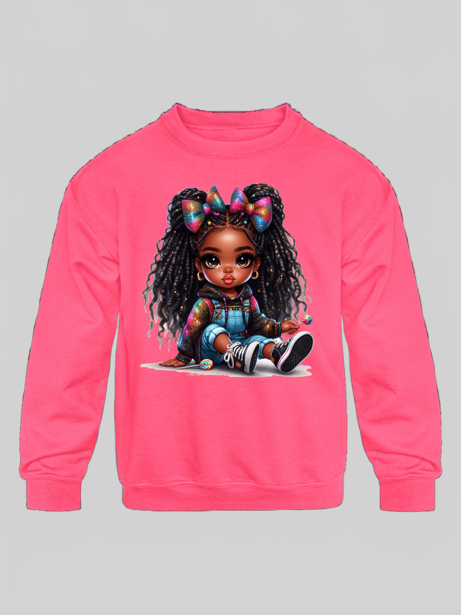 African American Toddler Girls Braids and Bows Long Sleeve Crewneck Sweatshirt