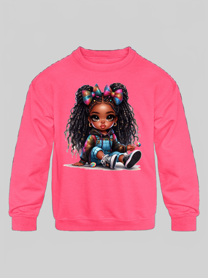African American Toddler Girls Braids and Bows Long Sleeve Crewneck Sweatshirt