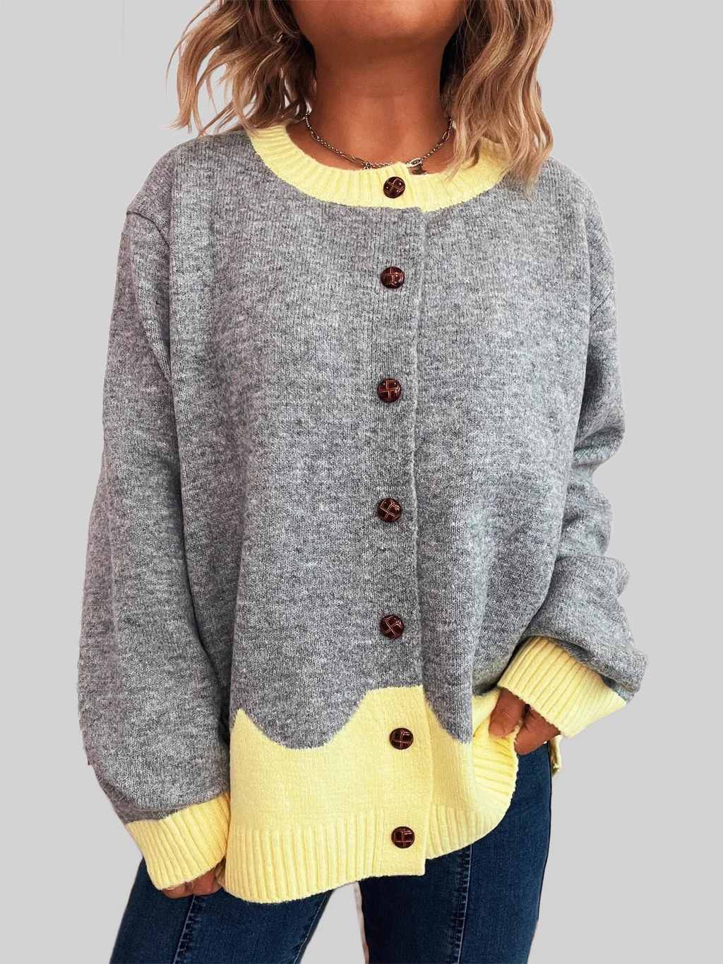 Button-Front Contrast Trim Cardigan