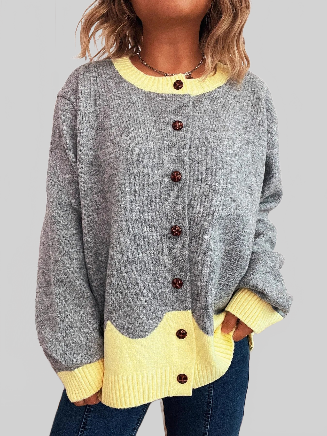 Button-Front Contrast Trim Cardigan
