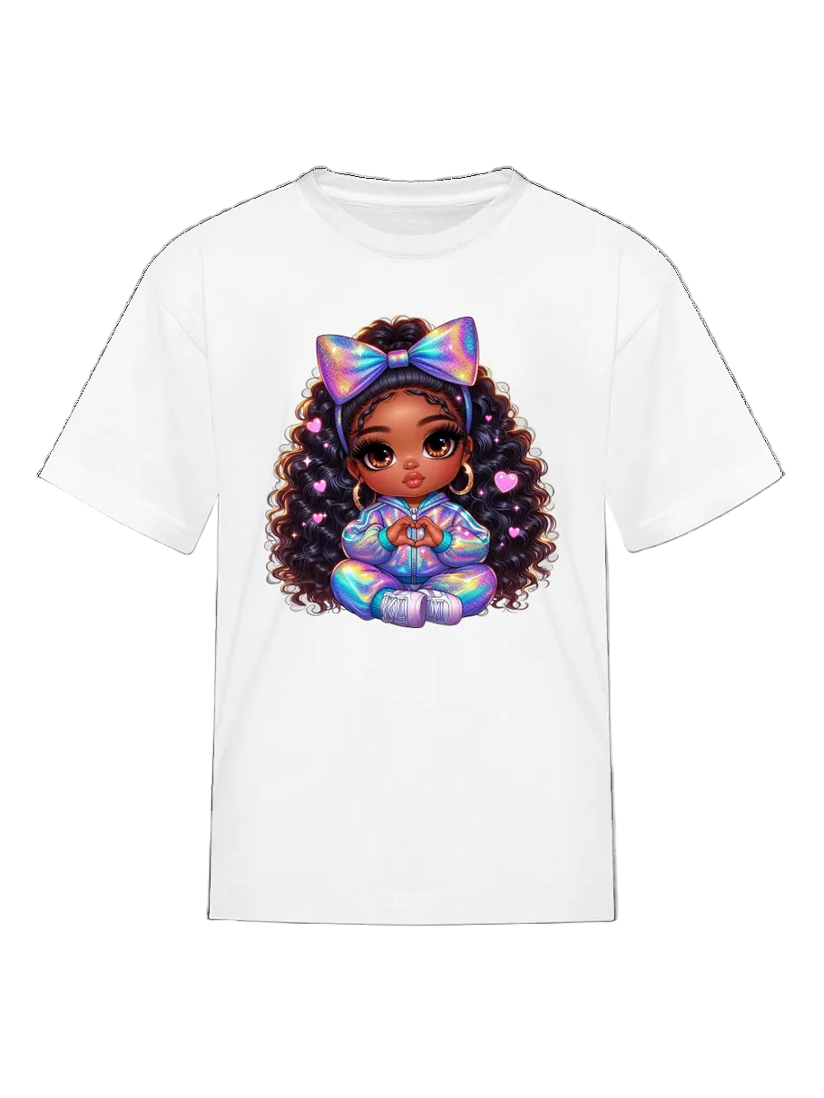 African American Girls Pretty Bow and Hearts Short Sleeve Crewneck T-Shirt