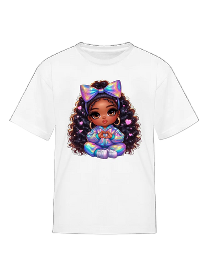 African American Girls Pretty Bow and Hearts Short Sleeve Crewneck T-Shirt