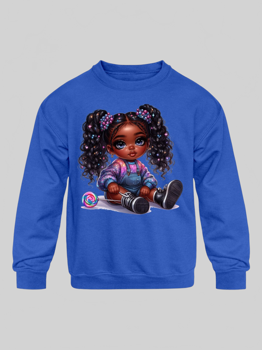 African American Toddler Girls Curly Hair Long Sleeve Crewneck Sweatshirt