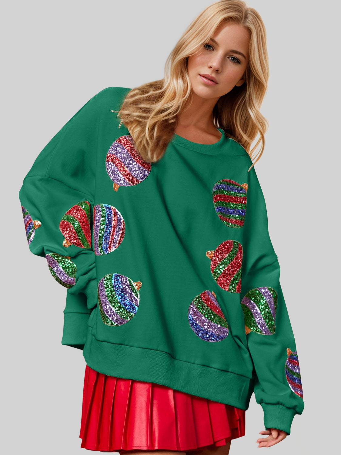 Women Double Take Christmas Element Sequin Round Neck Long Sleeve Sweatshirt