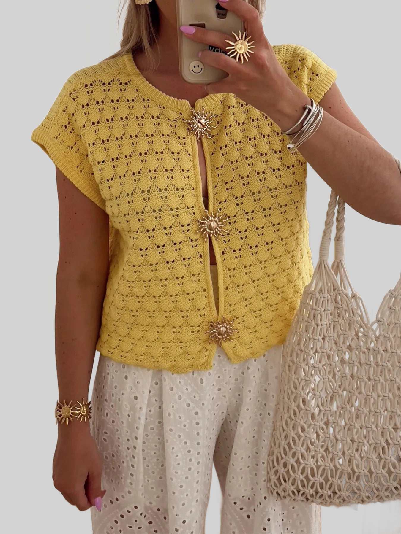 Crochet Short Sleeve Button Front Cardigan
