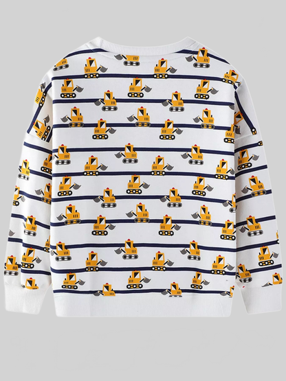 Toddler Boys Excavator Print Striped Crew Neck Sweatshirt