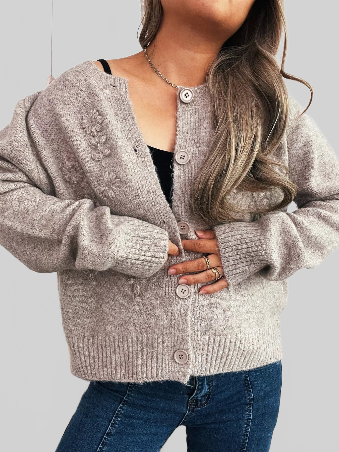 Flower Button Up Ribbed Hem Cardigan