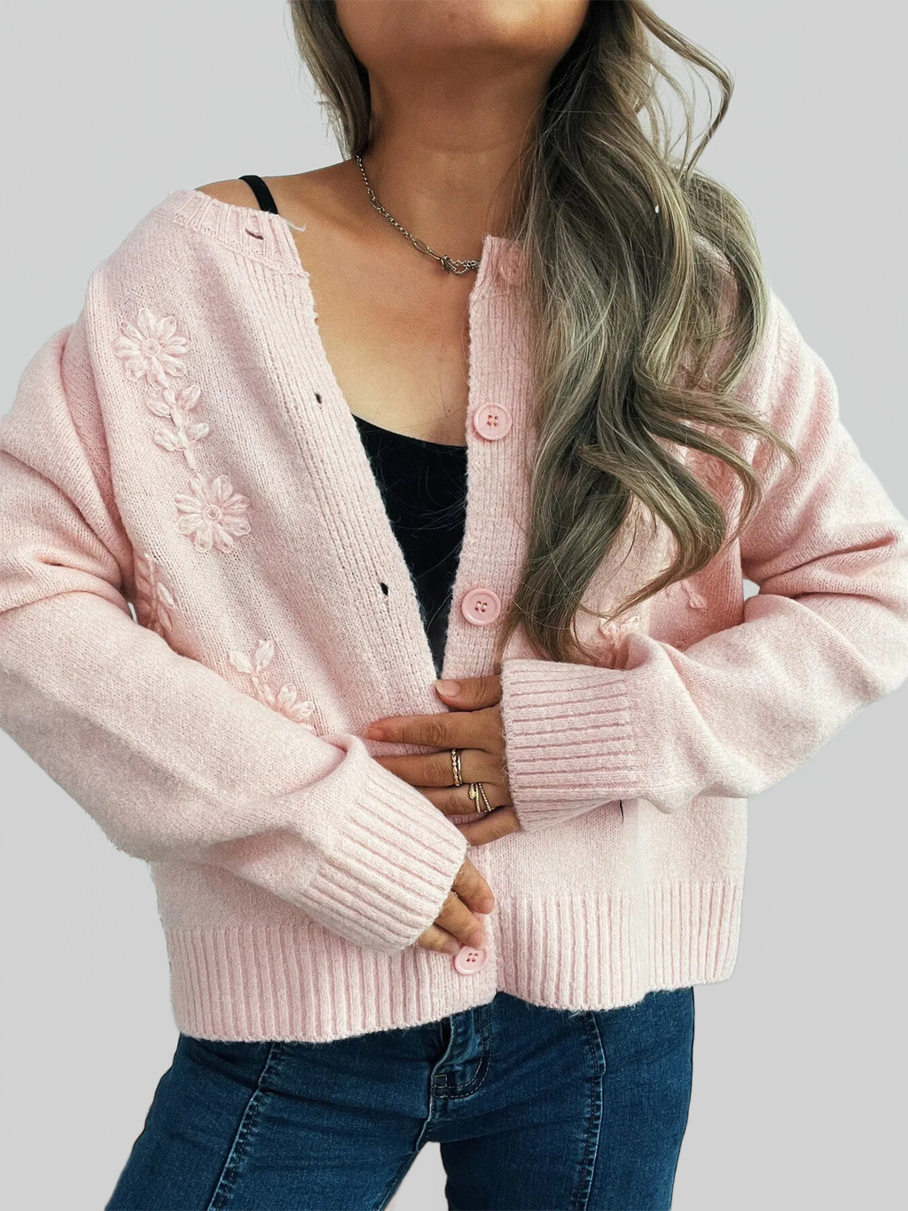 Flower Button Up Ribbed Hem Cardigan