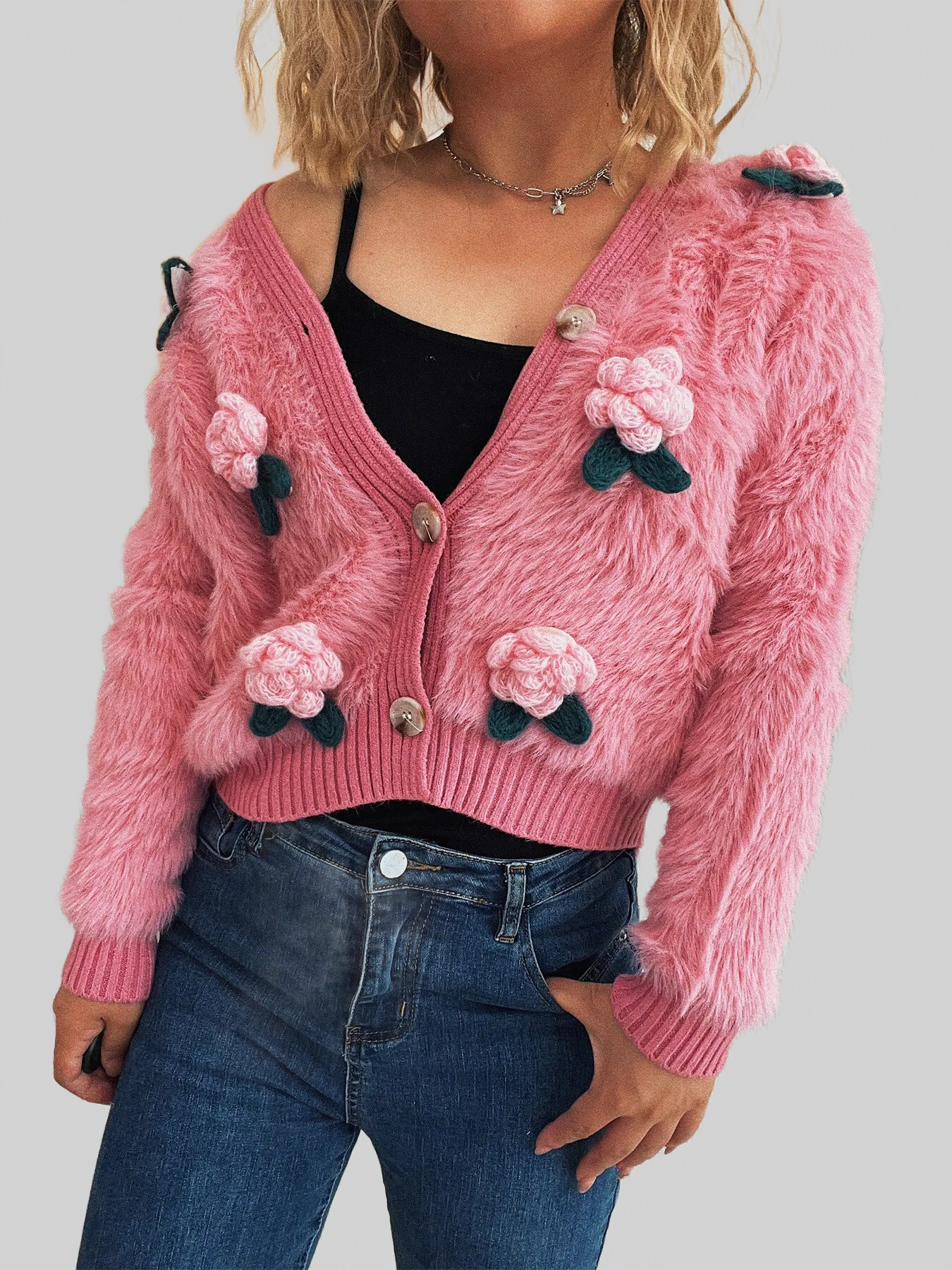Women Flower Fuzzy Button-Up Cardigan