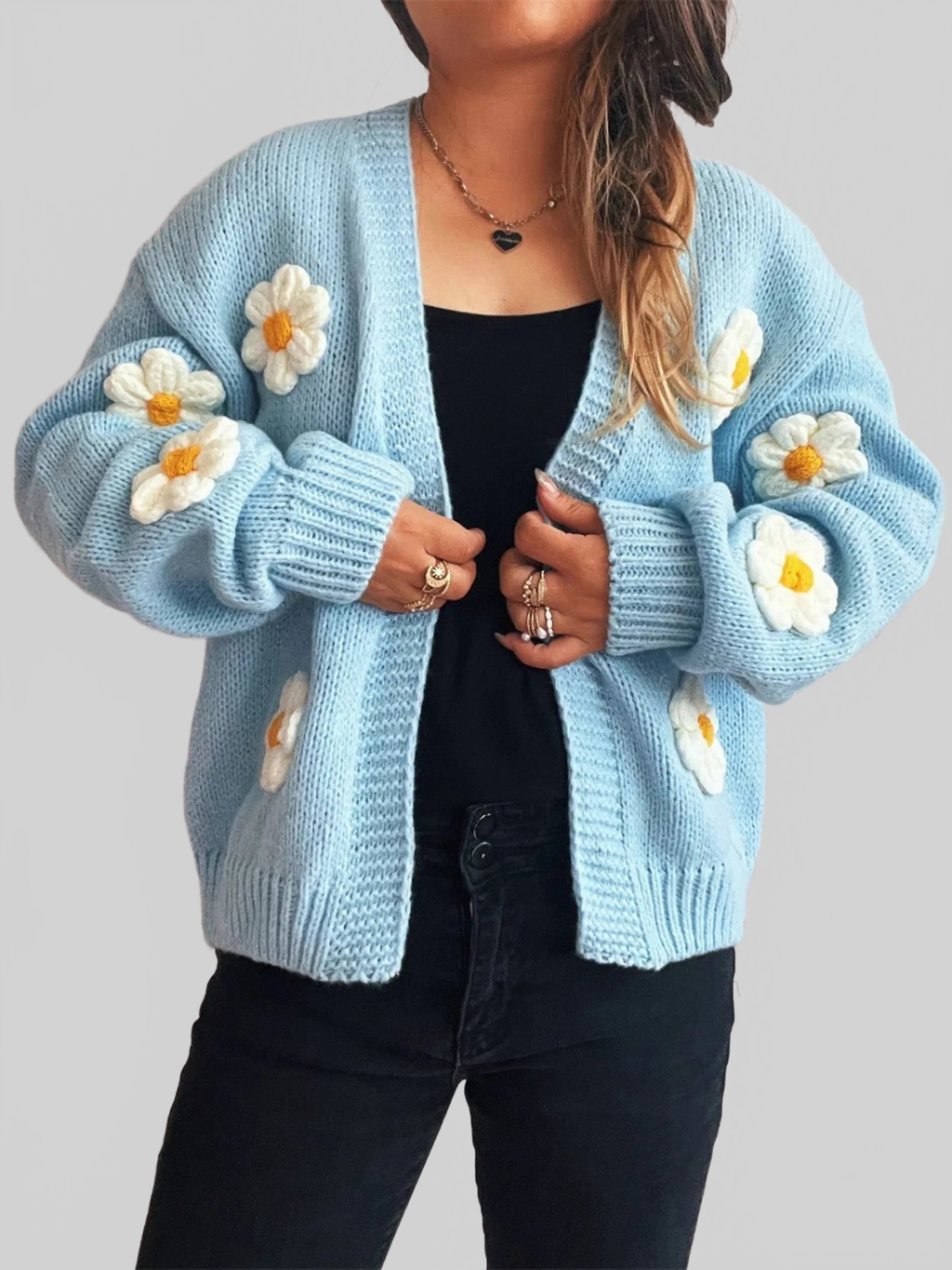 Flower Open Front Long Sleeve Cardigan