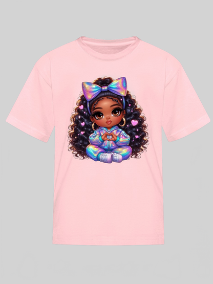 African American Girls Pretty Bow and Hearts Short Sleeve Crewneck T-Shirt
