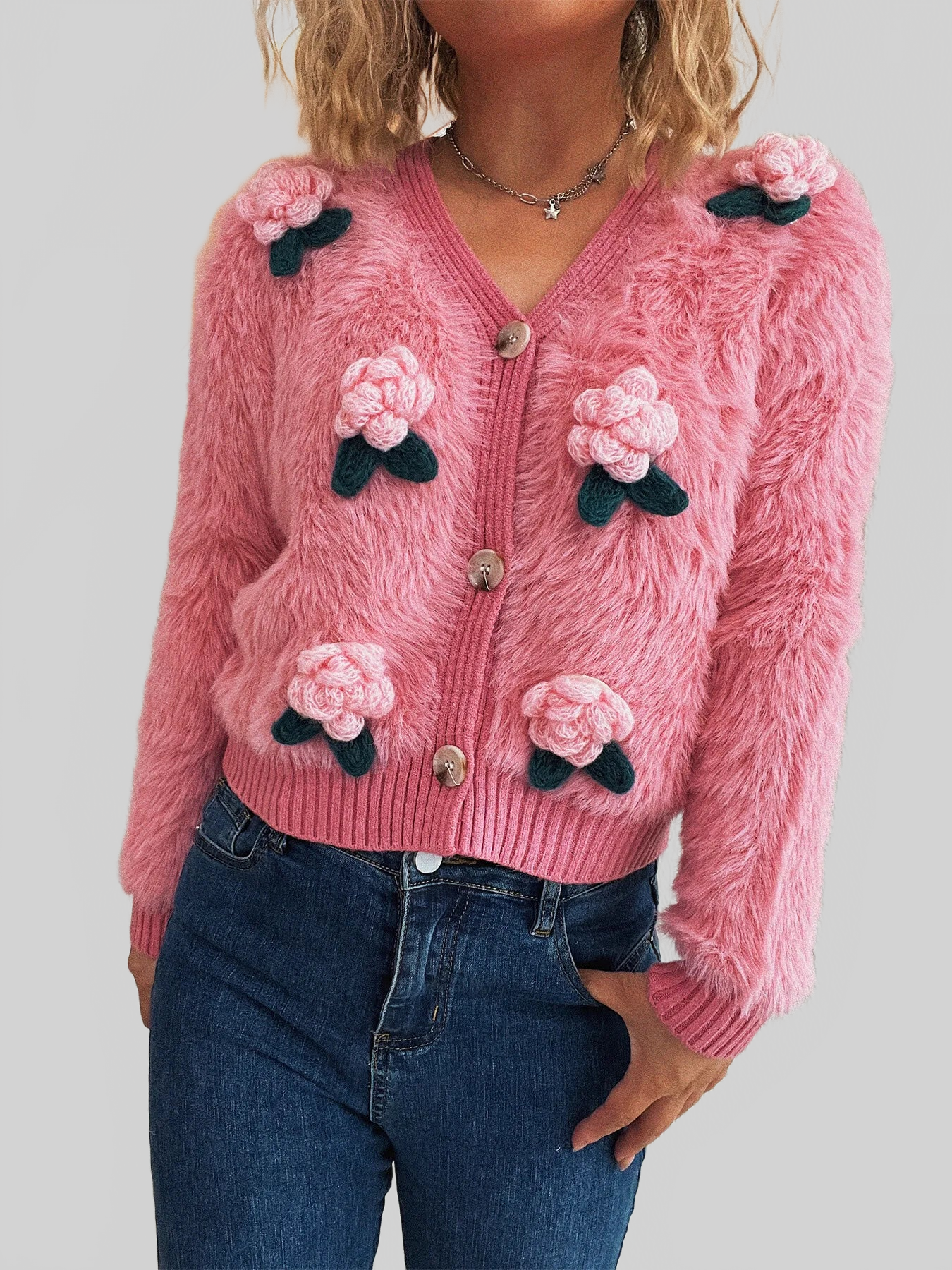 Women Flower Fuzzy Button-Up Cardigan