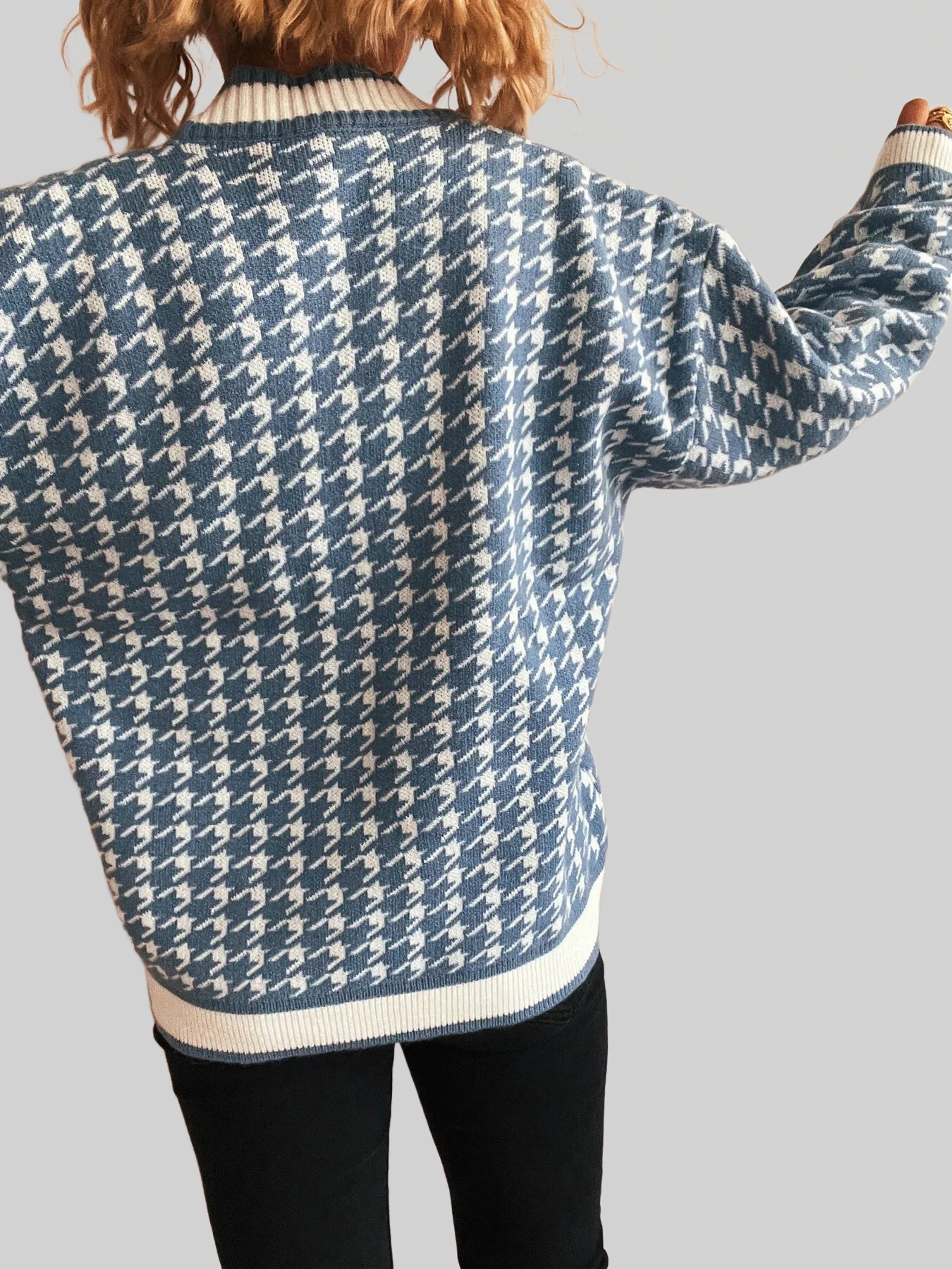 Women Houndstooth Pattern V-Neck Button-Up Cardigan Sweater