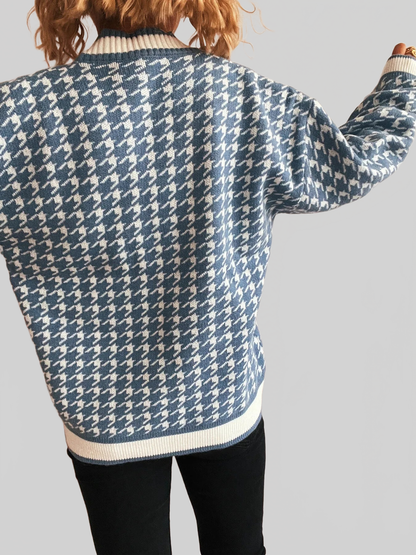 Women Houndstooth Pattern V-Neck Button-Up Cardigan Sweater