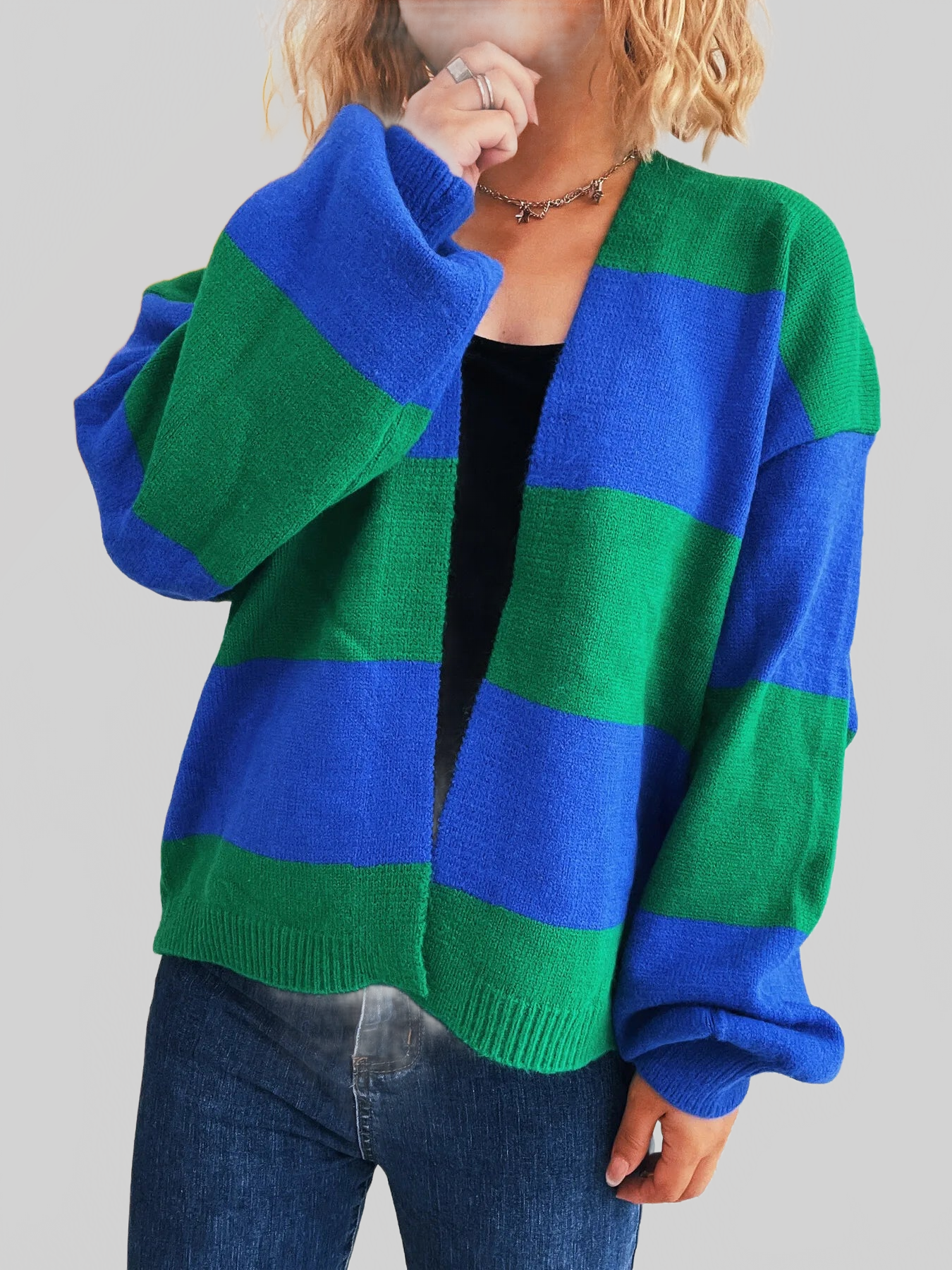 Women Color Block Open Front Cardigan