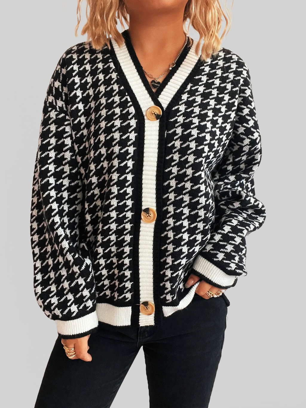 Women Houndstooth Pattern V-Neck Button-Up Cardigan Sweater