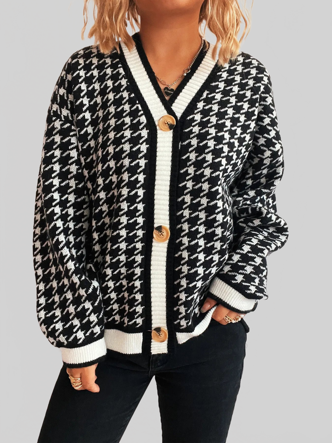 Women Houndstooth Pattern V-Neck Button-Up Cardigan Sweater
