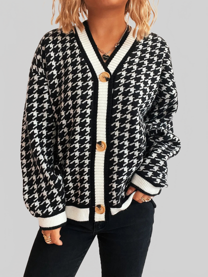 Women Houndstooth Pattern V-Neck Button-Up Cardigan Sweater